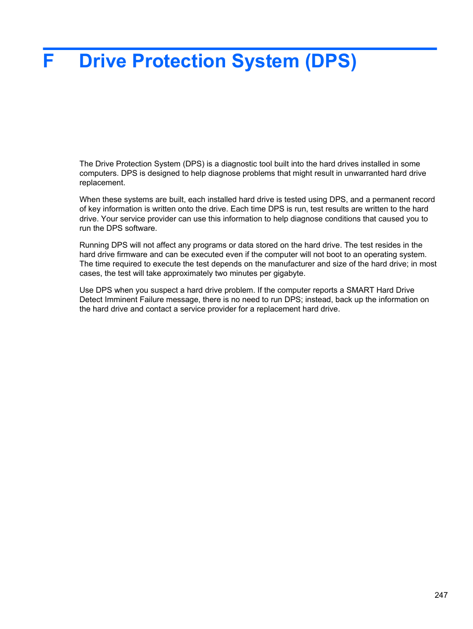 Drive protection system (dps), Appendix f drive protection system (dps), Fdrive protection system (dps) | HP 8080 ELITE BUSINESS User Manual | Page 259 / 284