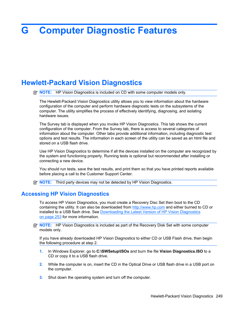 Computer diagnostic features, Hewlett-packard vision diagnostics, Accessing hp vision diagnostics | Appendix g computer diagnostic features, Gcomputer diagnostic features | HP 8080 ELITE BUSINESS User Manual | Page 261 / 284