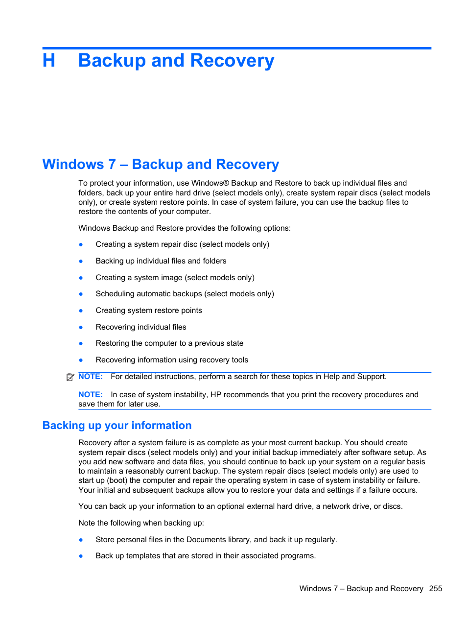 Backup and recovery, Windows 7 – backup and recovery, Backing up your information | Appendix h backup and recovery, Hbackup and recovery | HP 8080 ELITE BUSINESS User Manual | Page 267 / 284