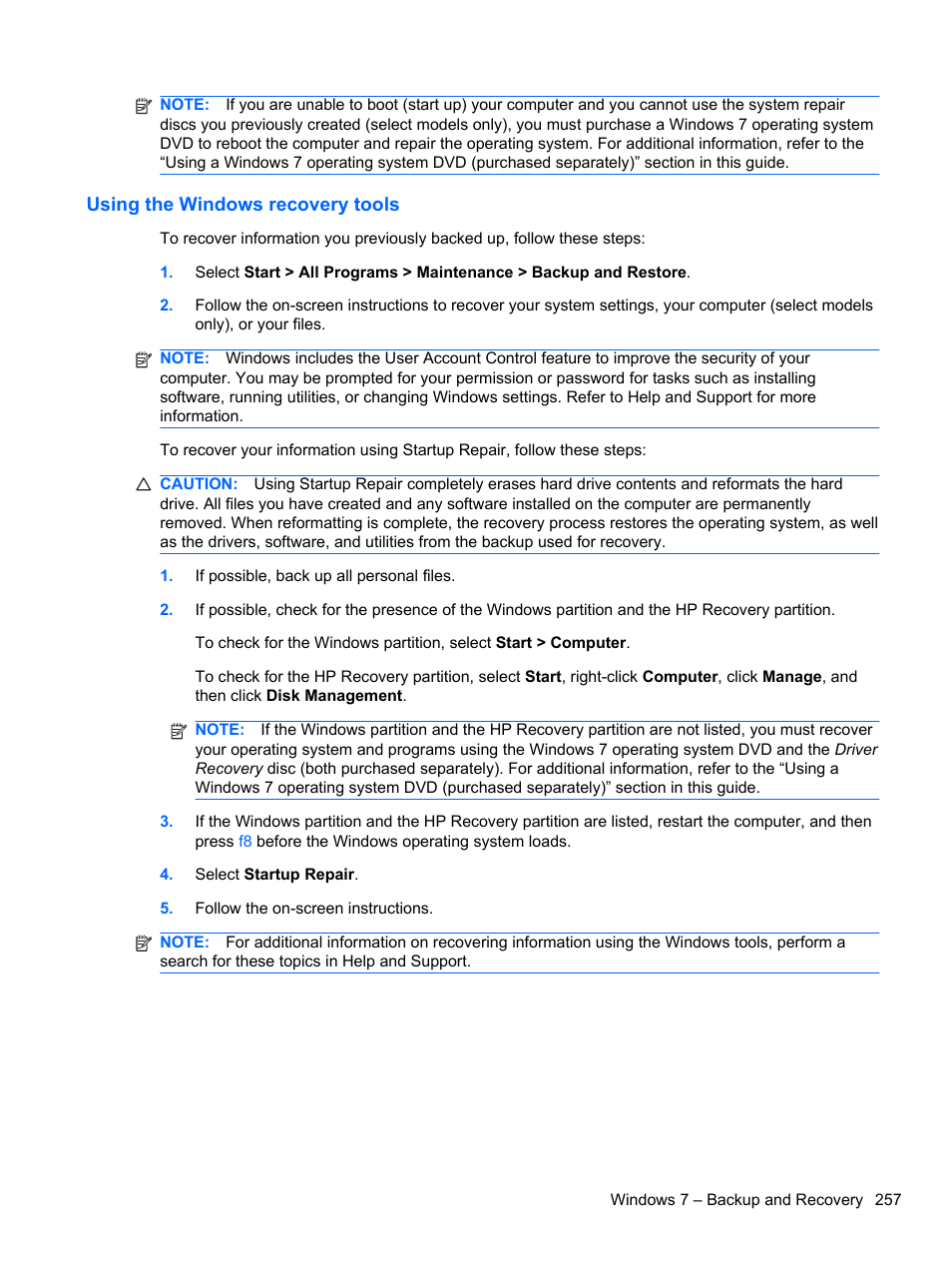 Using the windows recovery tools | HP 8080 ELITE BUSINESS User Manual | Page 269 / 284