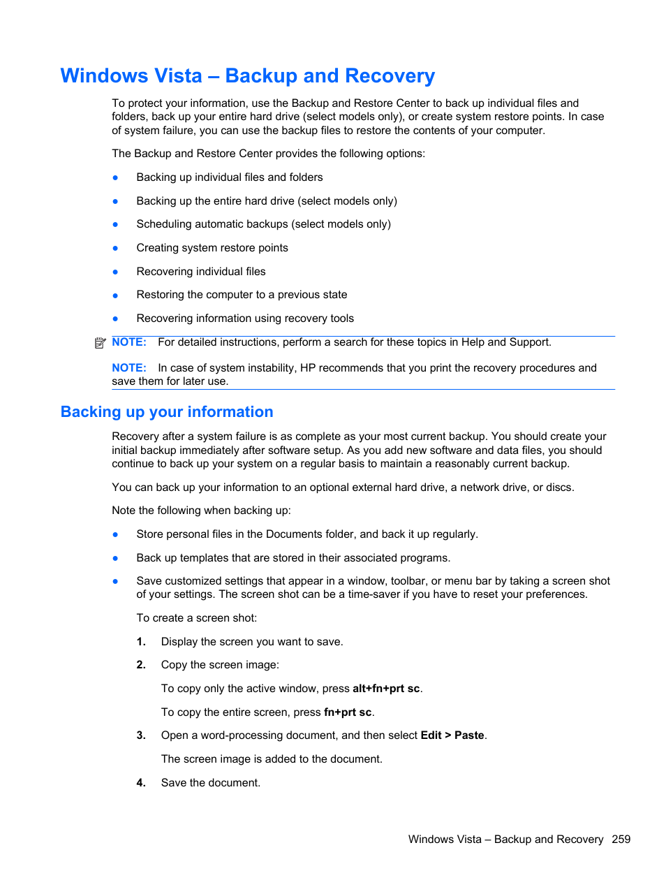 Windows vista – backup and recovery, Backing up your information | HP 8080 ELITE BUSINESS User Manual | Page 271 / 284