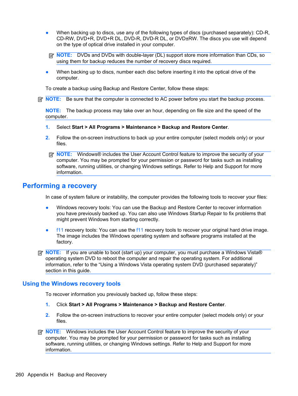 Performing a recovery, Using the windows recovery tools | HP 8080 ELITE BUSINESS User Manual | Page 272 / 284