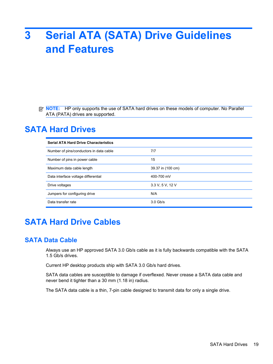 Serial ata (sata) drive guidelines and features, Sata hard drives, Sata hard drive cables | Sata data cable, 3 serial ata (sata) drive guidelines and features, Sata hard drives sata hard drive cables, 3serial ata (sata) drive guidelines and features | HP 8080 ELITE BUSINESS User Manual | Page 31 / 284