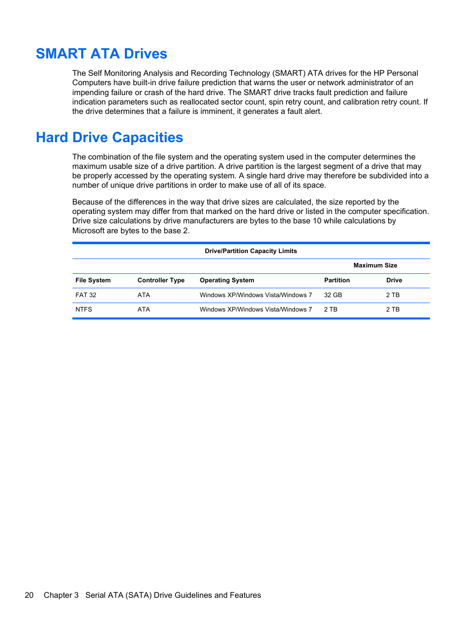 Smart ata drives, Hard drive capacities, Smart ata drives hard drive capacities | HP 8080 ELITE BUSINESS User Manual | Page 32 / 284