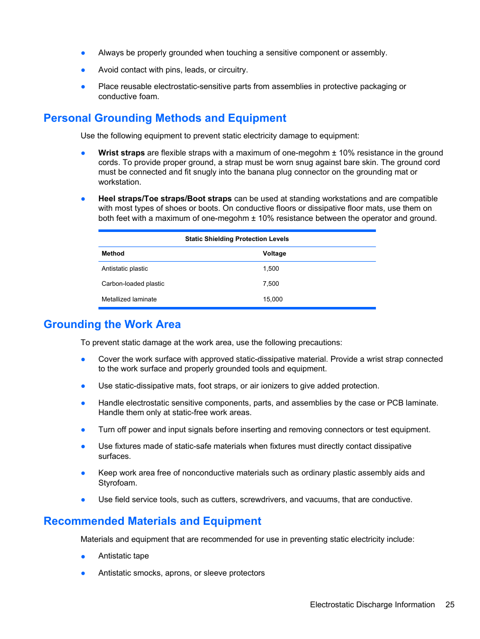 Personal grounding methods and equipment, Grounding the work area, Recommended materials and equipment | HP 8080 ELITE BUSINESS User Manual | Page 37 / 284