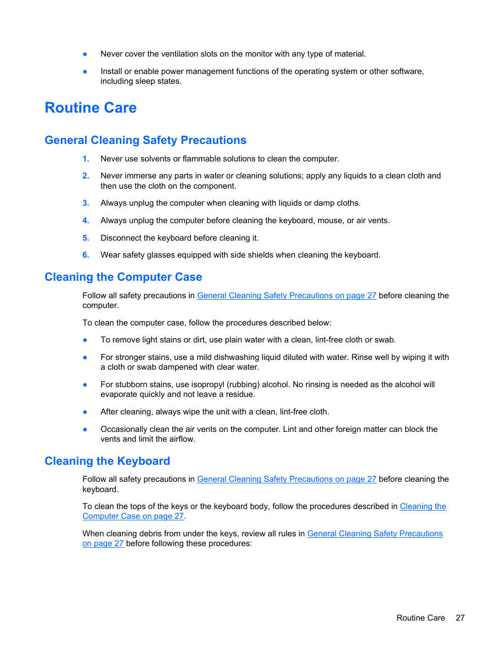 Routine care, General cleaning safety precautions, Cleaning the computer case | Cleaning the keyboard | HP 8080 ELITE BUSINESS User Manual | Page 39 / 284