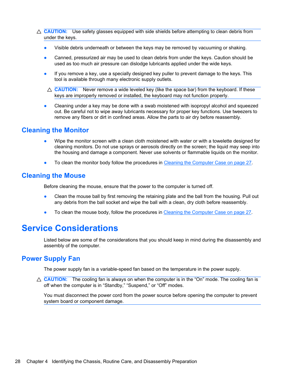 Cleaning the monitor, Cleaning the mouse, Service considerations | Power supply fan, Cleaning the monitor cleaning the mouse | HP 8080 ELITE BUSINESS User Manual | Page 40 / 284