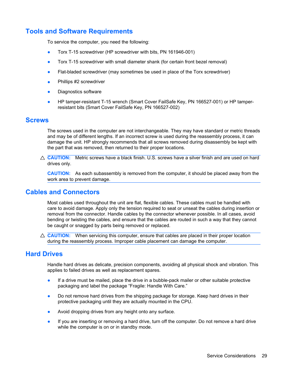 Tools and software requirements, Screws, Cables and connectors | Hard drives | HP 8080 ELITE BUSINESS User Manual | Page 41 / 284