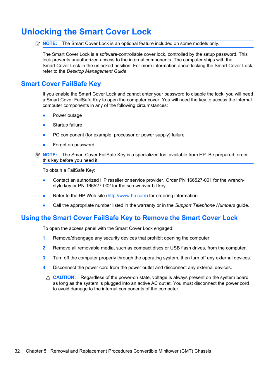 Unlocking the smart cover lock, Smart cover failsafe key | HP 8080 ELITE BUSINESS User Manual | Page 44 / 284