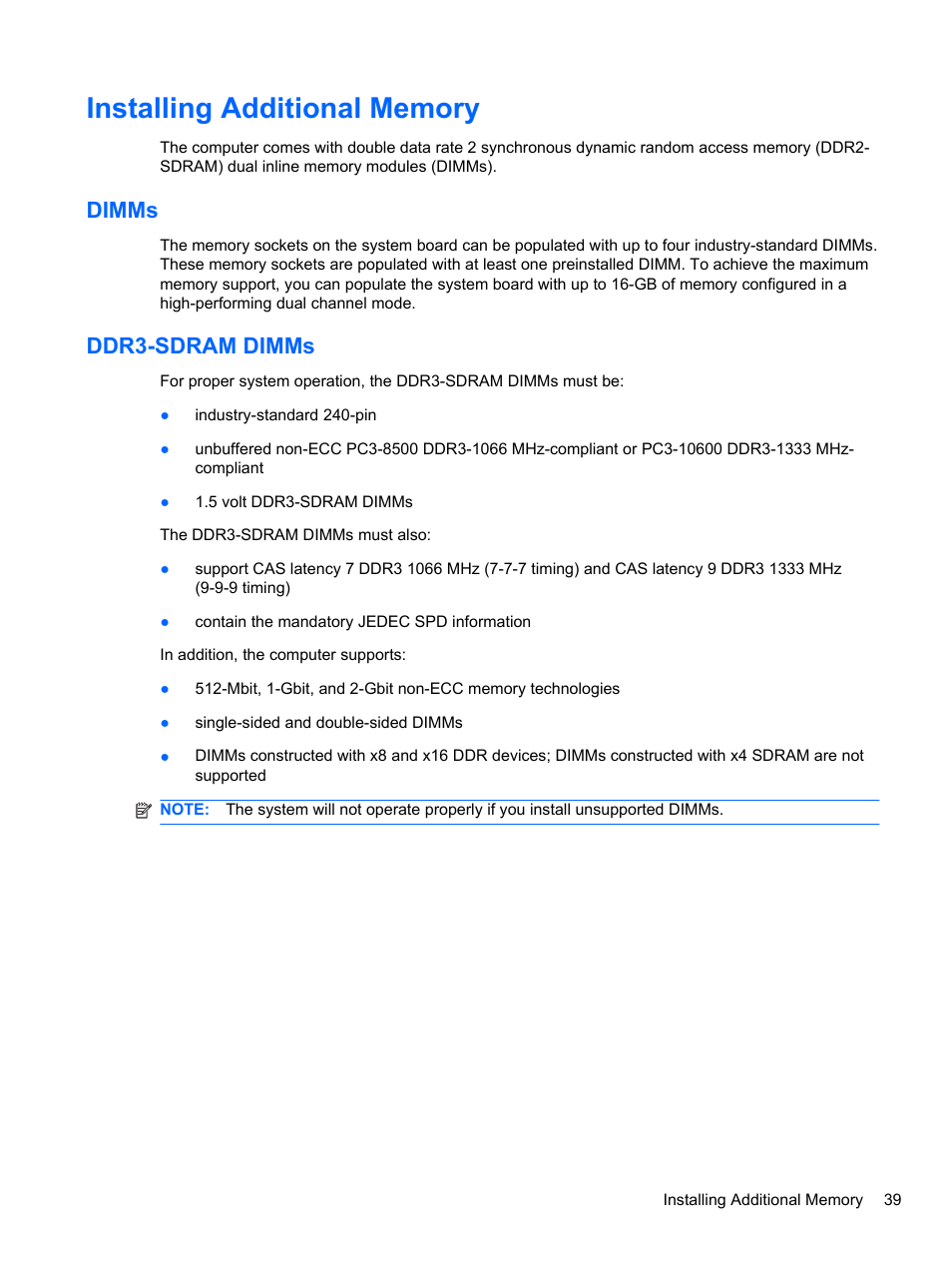 Installing additional memory, Dimms, Ddr3-sdram dimms | Dimms ddr3-sdram dimms | HP 8080 ELITE BUSINESS User Manual | Page 51 / 284