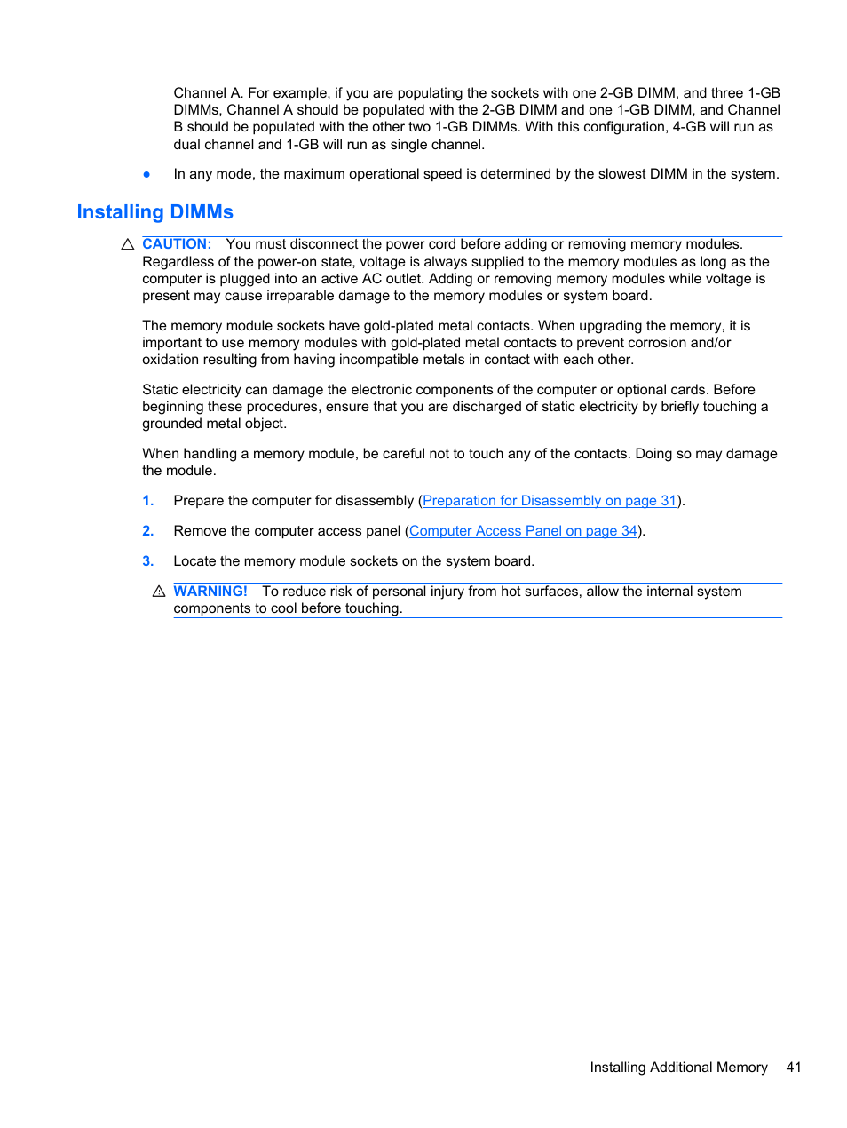 Installing dimms | HP 8080 ELITE BUSINESS User Manual | Page 53 / 284