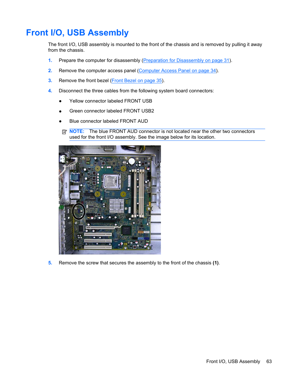 Front i/o, usb assembly | HP 8080 ELITE BUSINESS User Manual | Page 75 / 284