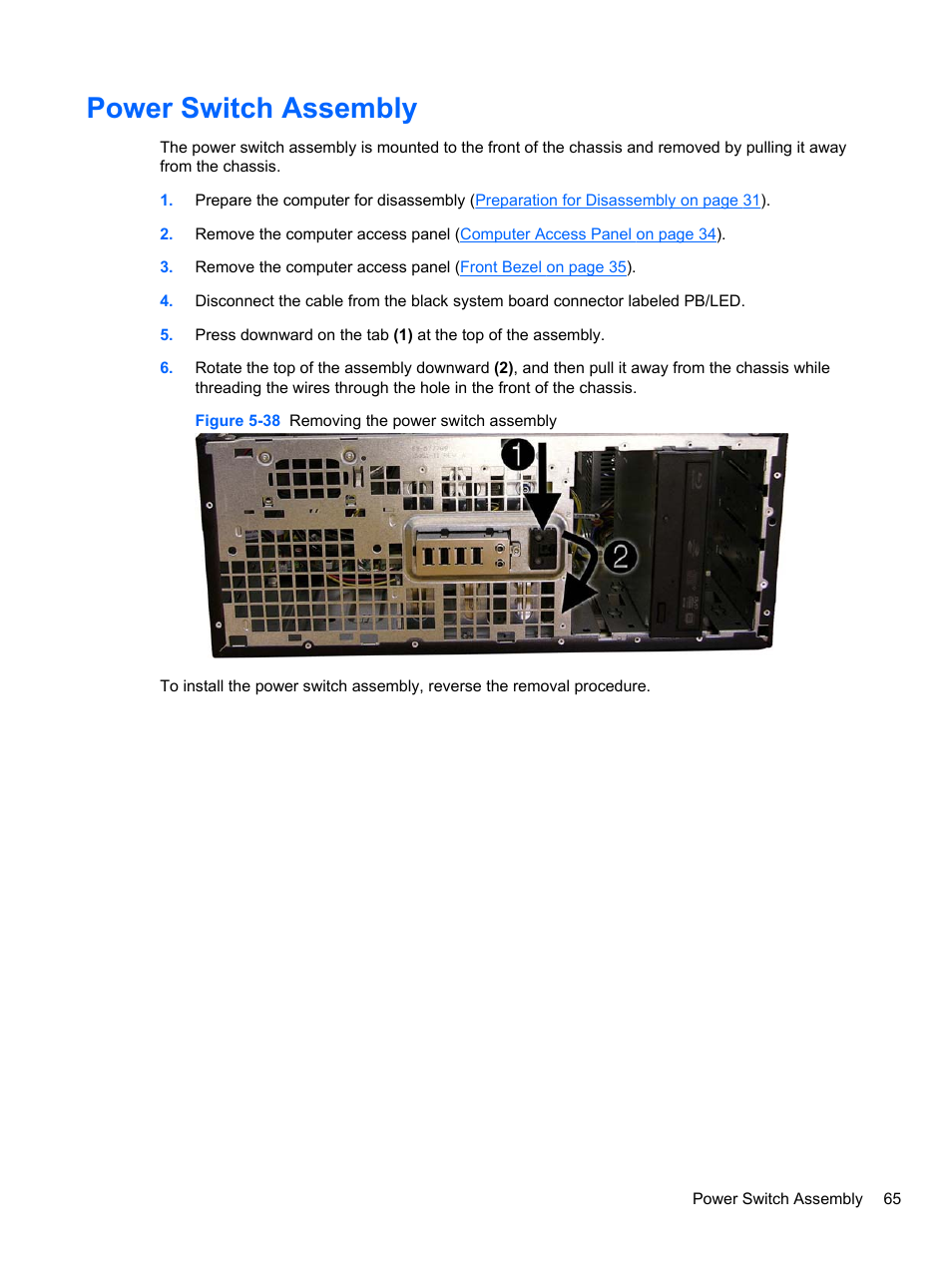 Power switch assembly | HP 8080 ELITE BUSINESS User Manual | Page 77 / 284