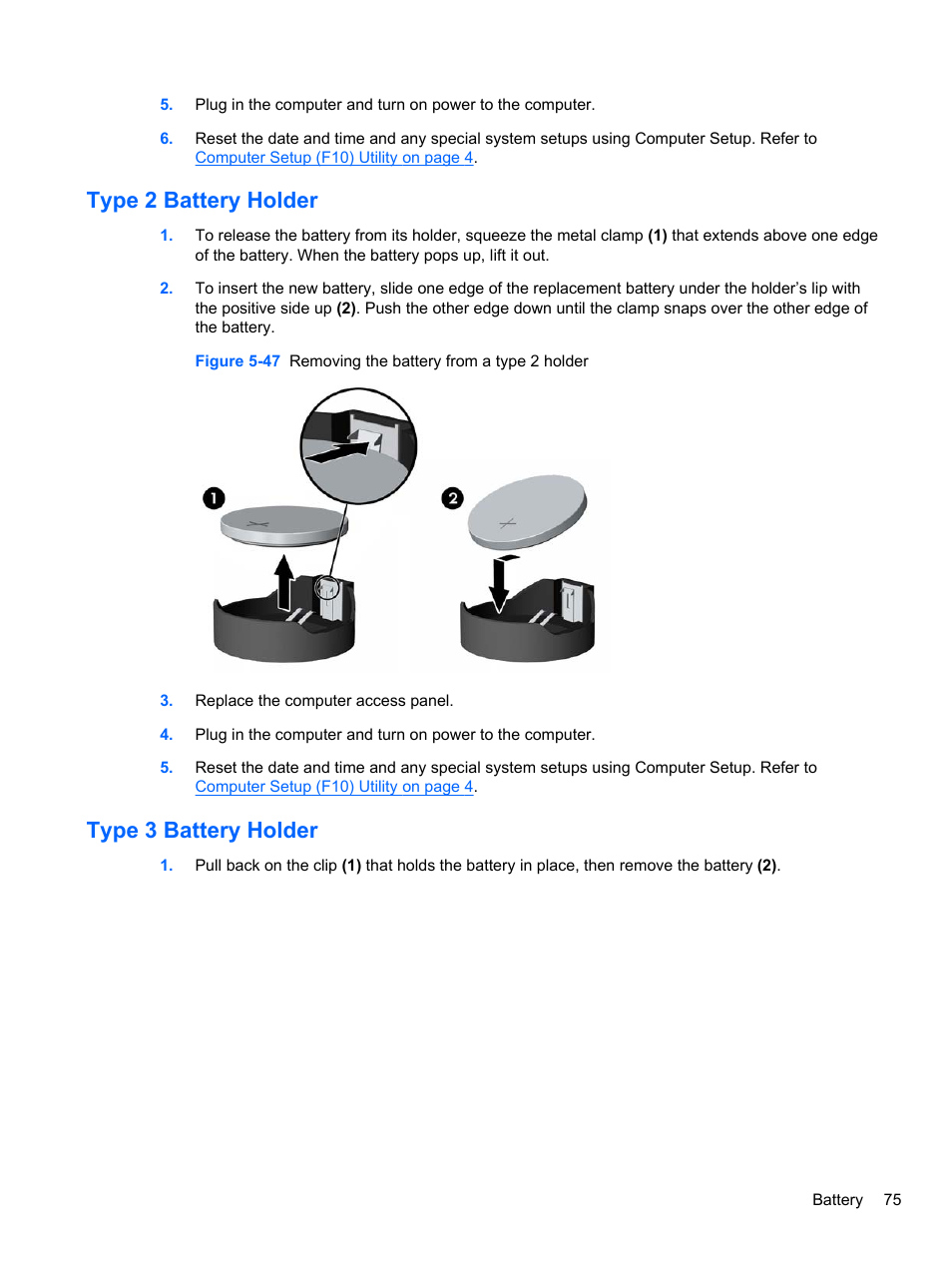 Type 2 battery holder, Type 3 battery holder, Type 2 battery holder type 3 battery holder | HP 8080 ELITE BUSINESS User Manual | Page 87 / 284