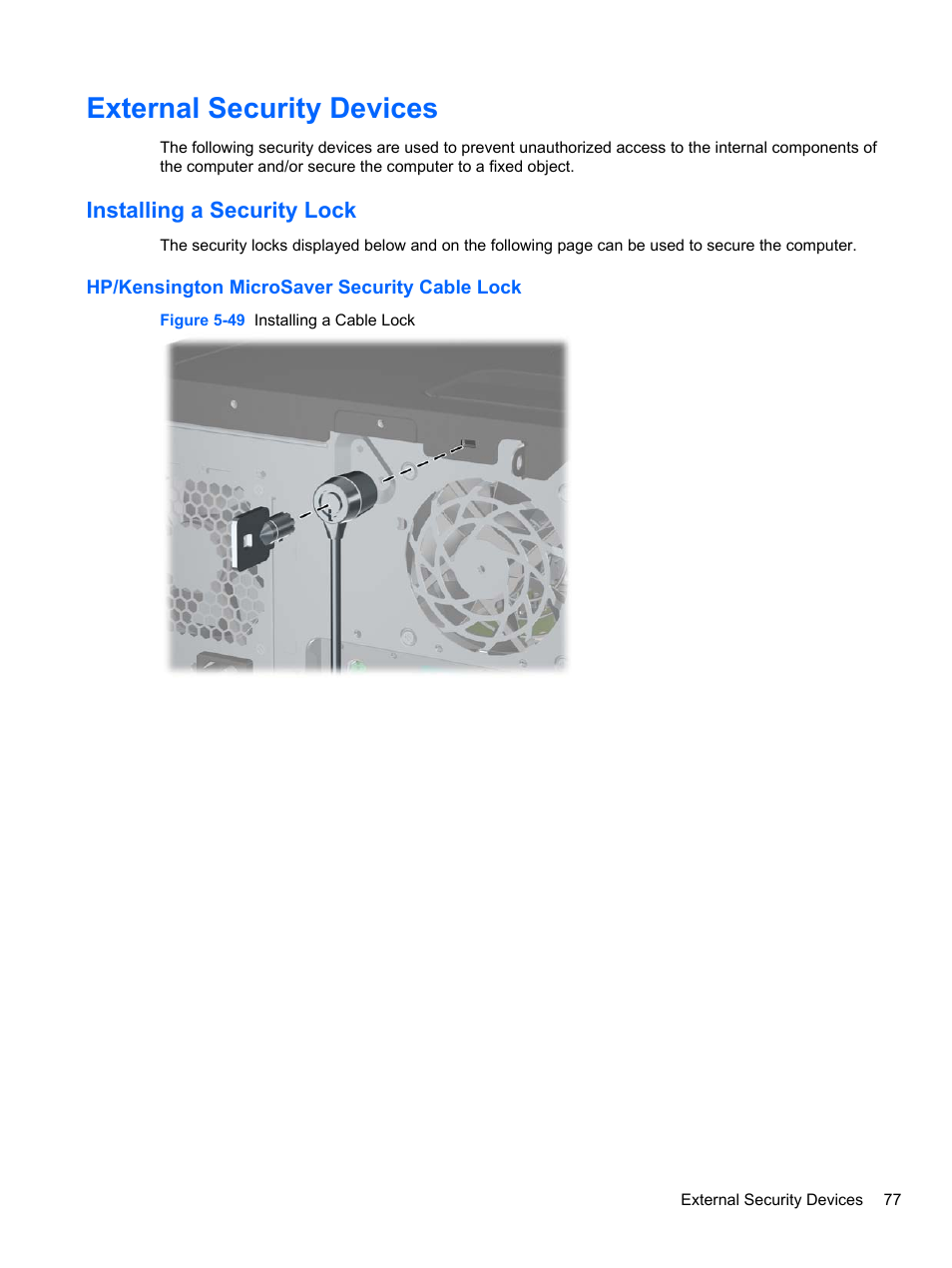 External security devices, Installing a security lock, Hp/kensington microsaver security cable lock | External security | HP 8080 ELITE BUSINESS User Manual | Page 89 / 284