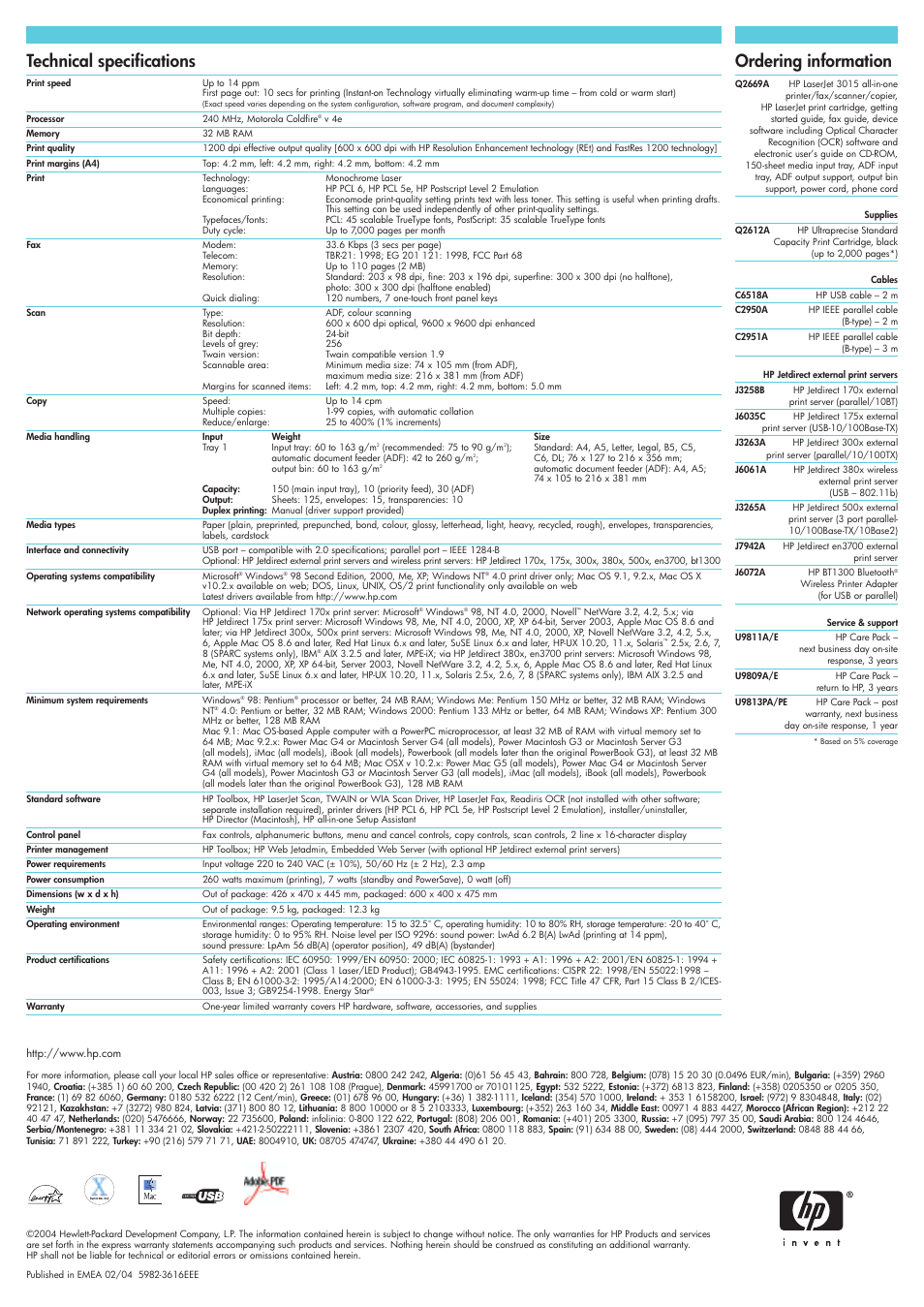 Technical specifications, Ordering information | HP 3015 User Manual | Page 2 / 2