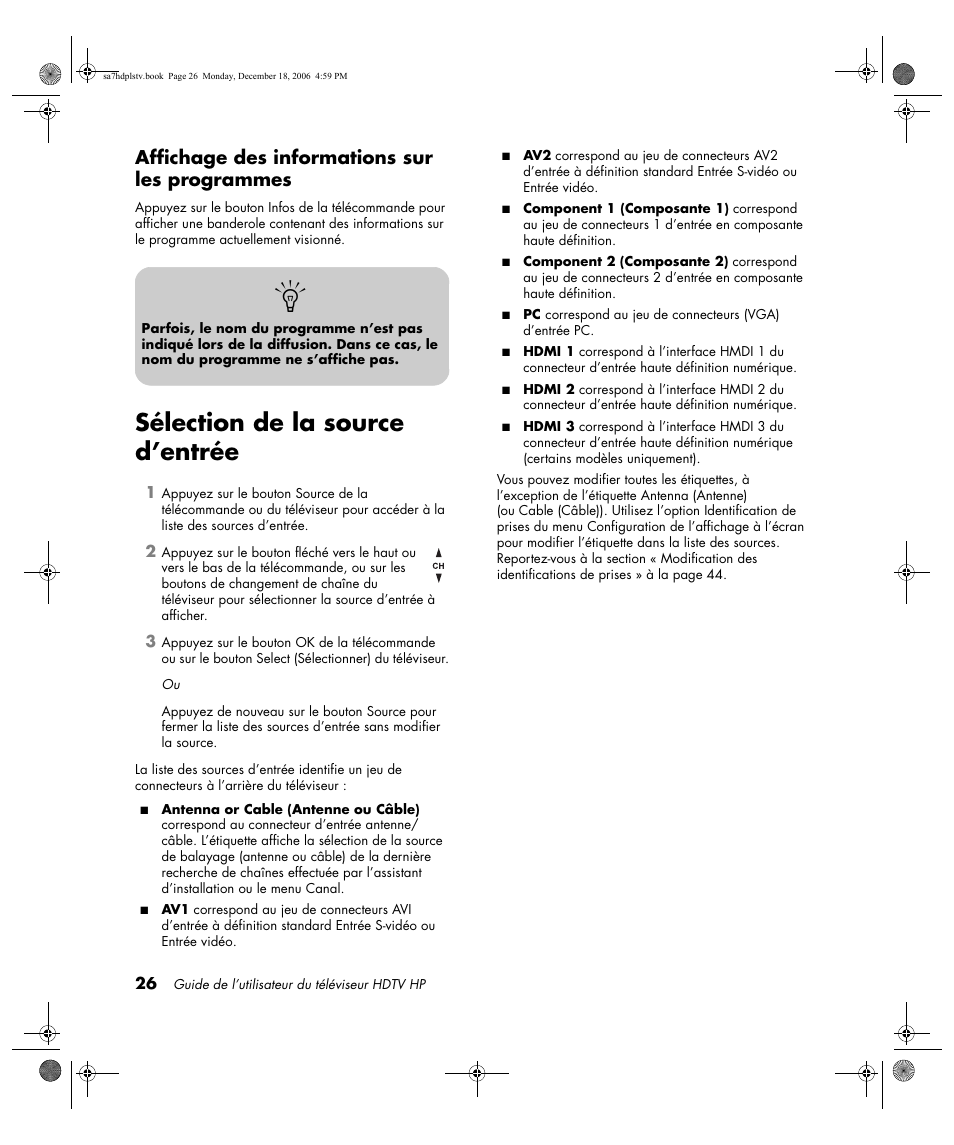 Affichage des informations sur les programmes, Sélection de la source d’entrée | HP PL4272N User Manual | Page 100 / 198