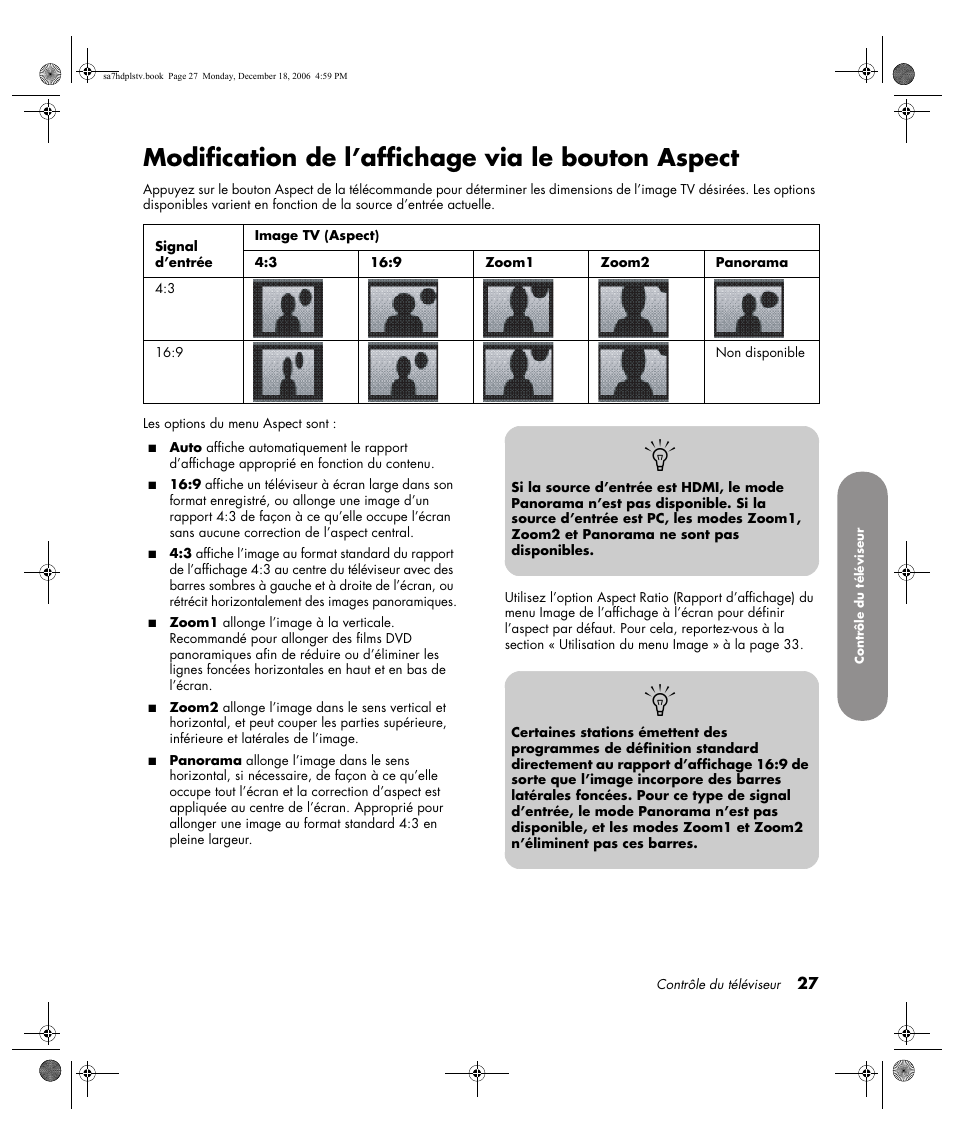 Modification de l’affichage via le bouton aspect | HP PL4272N User Manual | Page 101 / 198