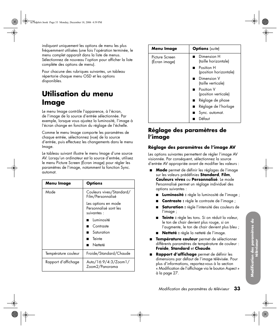 Utilisation du menu image, Réglage des paramètres de l’image | HP PL4272N User Manual | Page 107 / 198