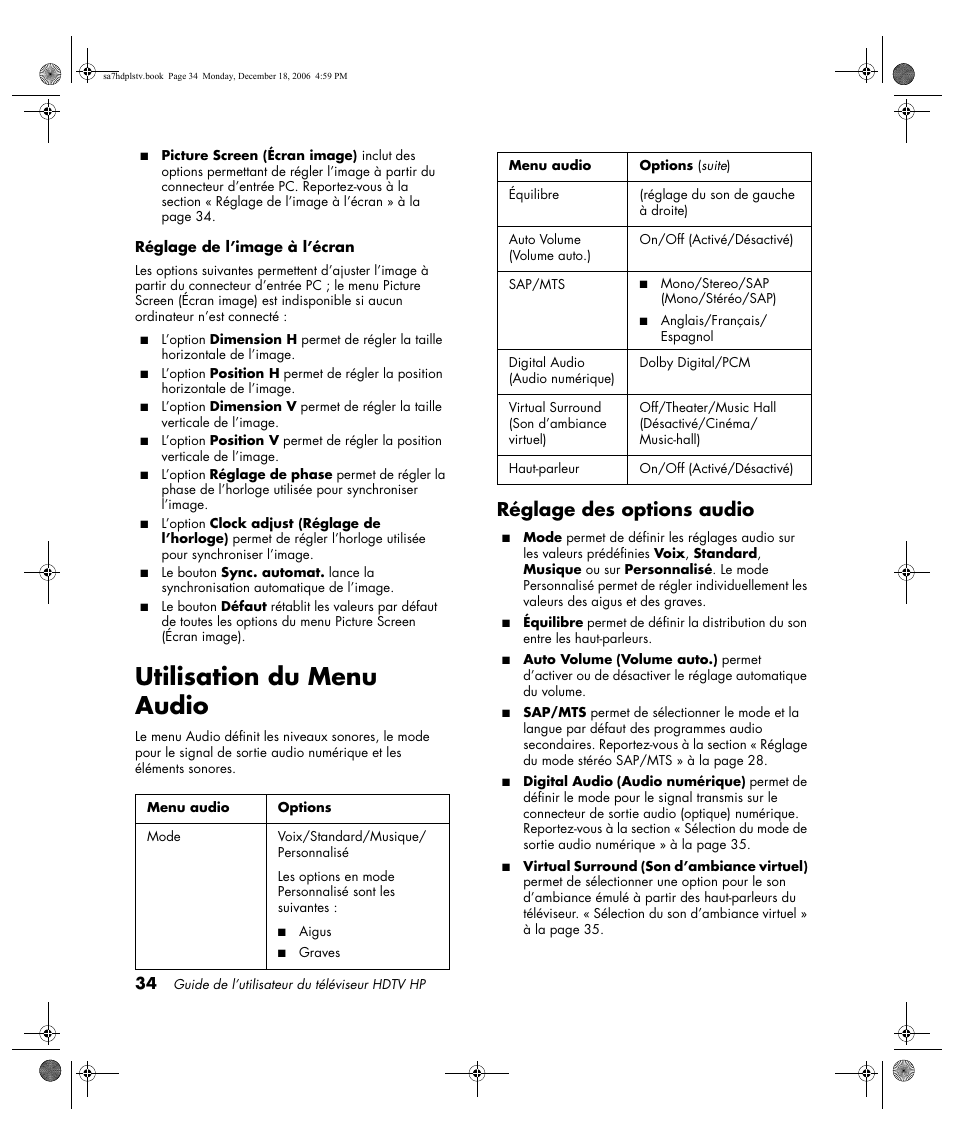 Utilisation du menu audio, Réglage des options audio | HP PL4272N User Manual | Page 108 / 198