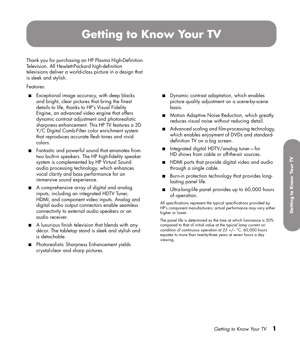 Getting to know your tv | HP PL4272N User Manual | Page 11 / 198