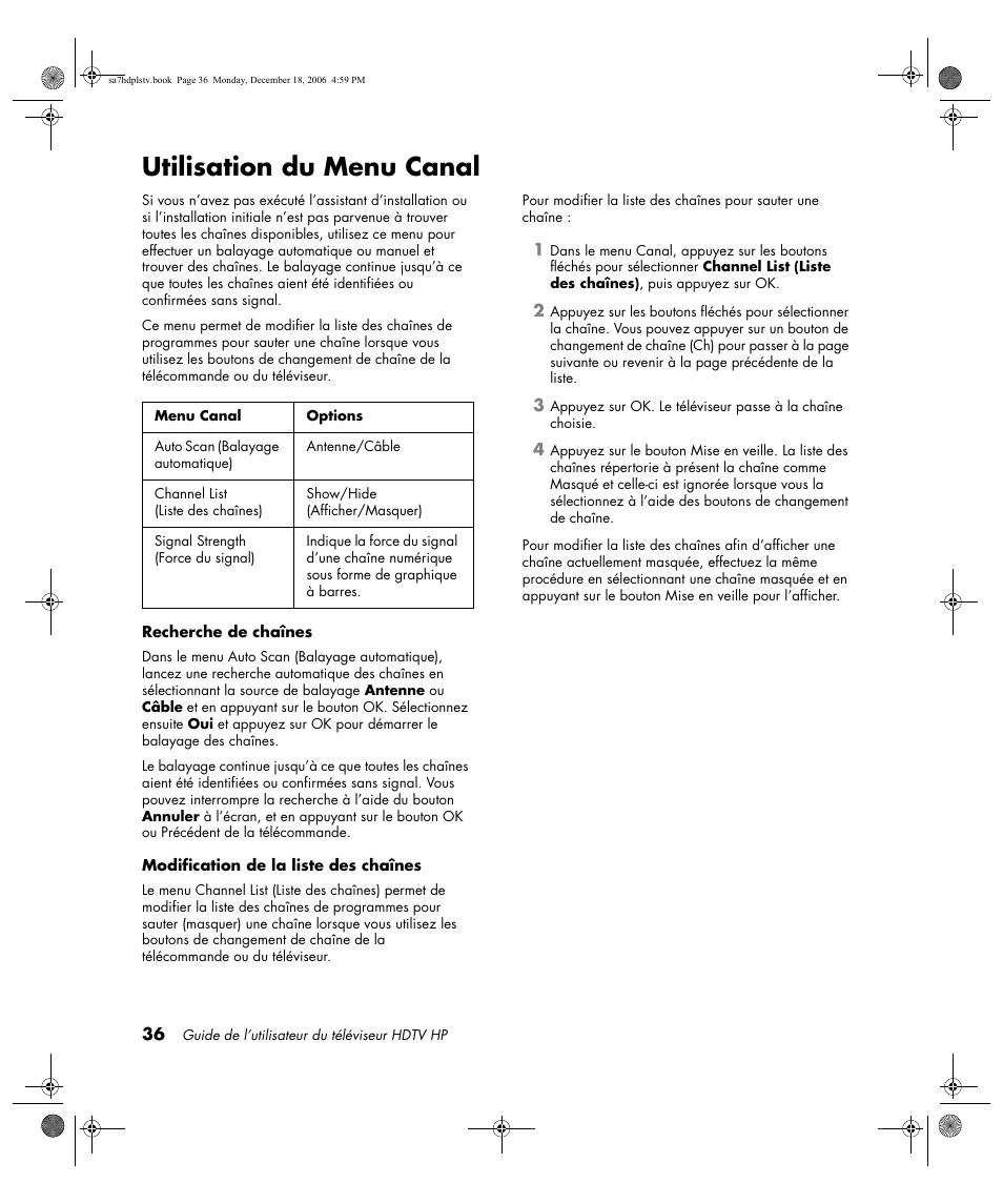 Utilisation du menu canal | HP PL4272N User Manual | Page 110 / 198