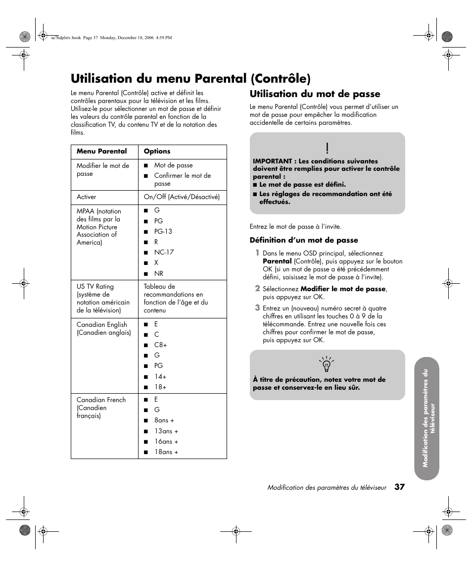 Utilisation du menu parental (contrôle), Utilisation du mot de passe | HP PL4272N User Manual | Page 111 / 198