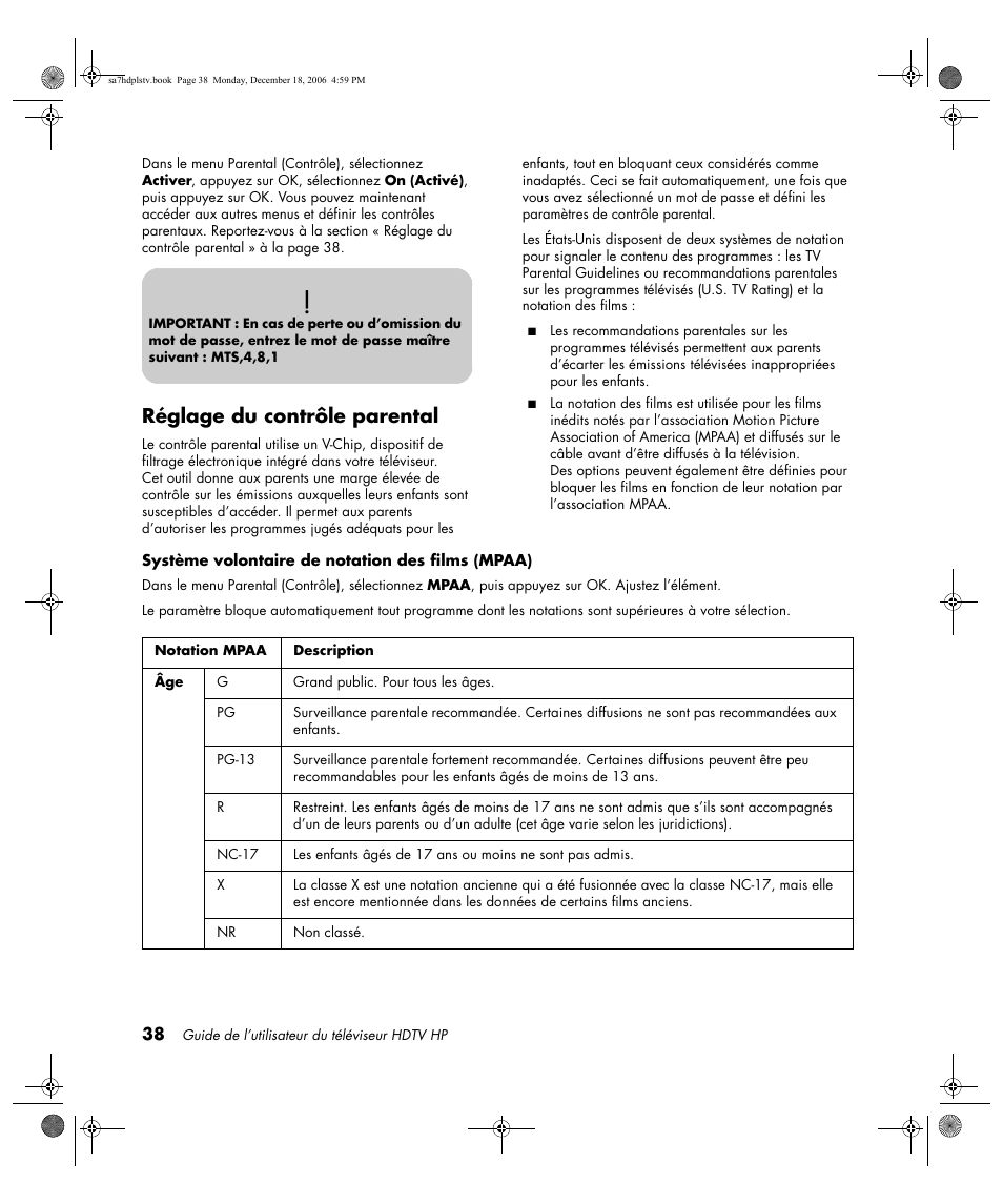 Réglage du contrôle parental | HP PL4272N User Manual | Page 112 / 198