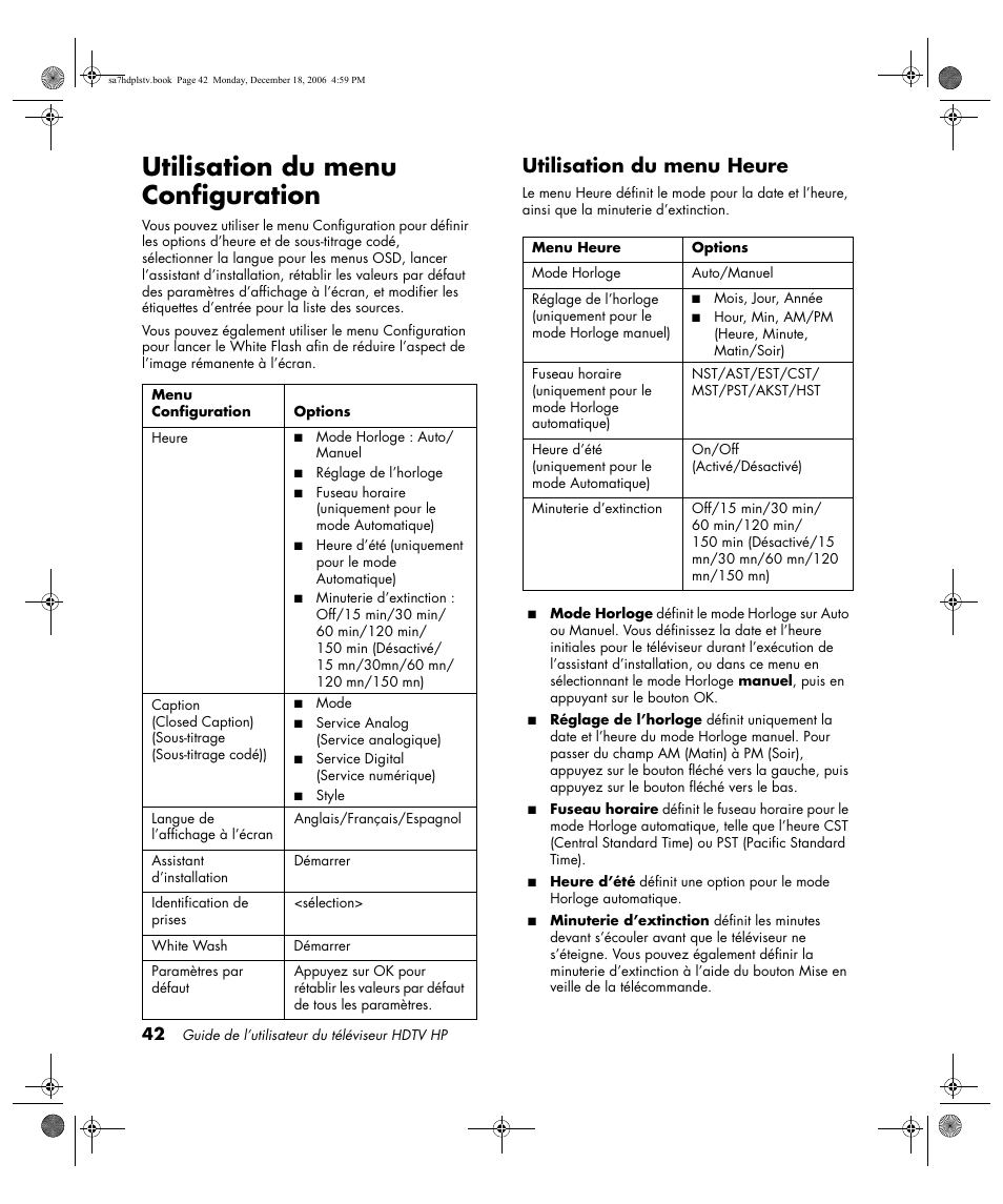 Utilisation du menu configuration, Utilisation du menu heure | HP PL4272N User Manual | Page 116 / 198