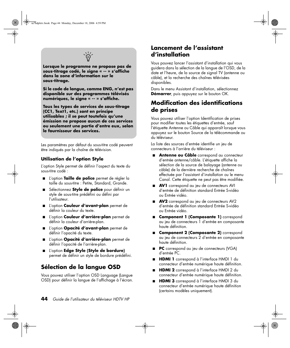 Sélection de la langue osd, Lancement de l’assistant d’installation, Modification des identifications de prises | HP PL4272N User Manual | Page 118 / 198