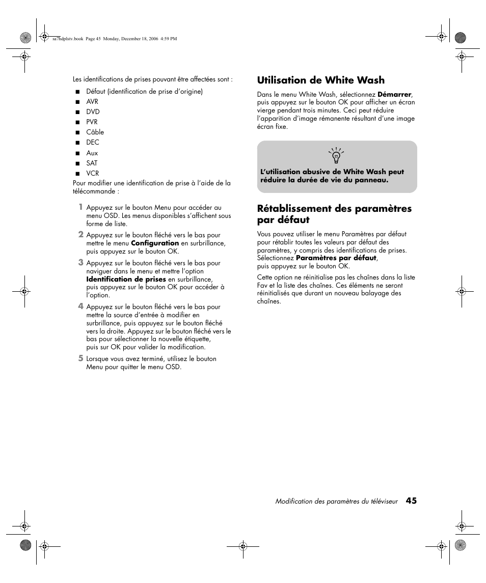 Utilisation de white wash, Rétablissement des paramètres par défaut | HP PL4272N User Manual | Page 119 / 198