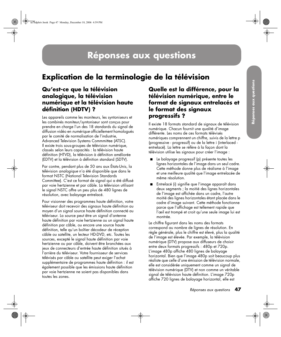 Réponses aux questions, Explication de la terminologie de la télévision | HP PL4272N User Manual | Page 121 / 198