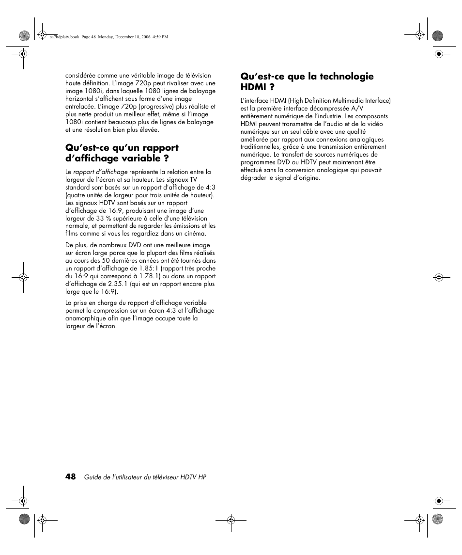 Qu’est-ce qu’un rapport d’affichage variable, Qu’est-ce que la technologie hdmi | HP PL4272N User Manual | Page 122 / 198
