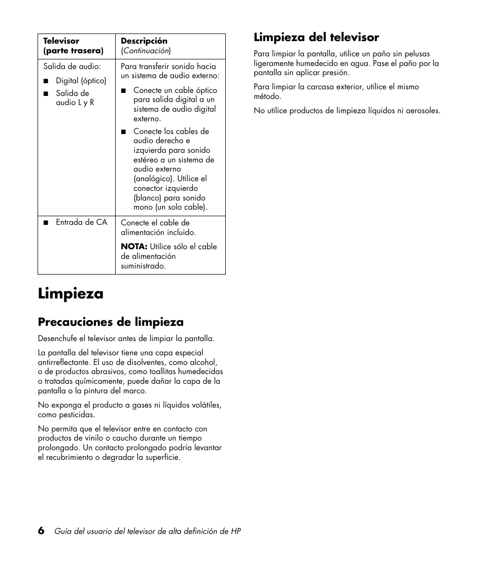 Limpieza, Precauciones de limpieza, Limpieza del televisor | Precauciones de limpieza limpieza del televisor | HP PL4272N User Manual | Page 148 / 198