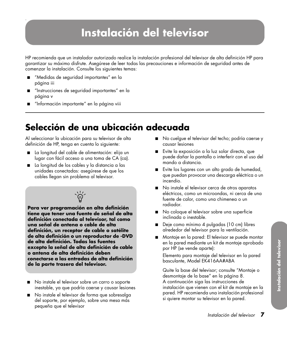 Instalación del televisor, Selección de una ubicación adecuada | HP PL4272N User Manual | Page 149 / 198