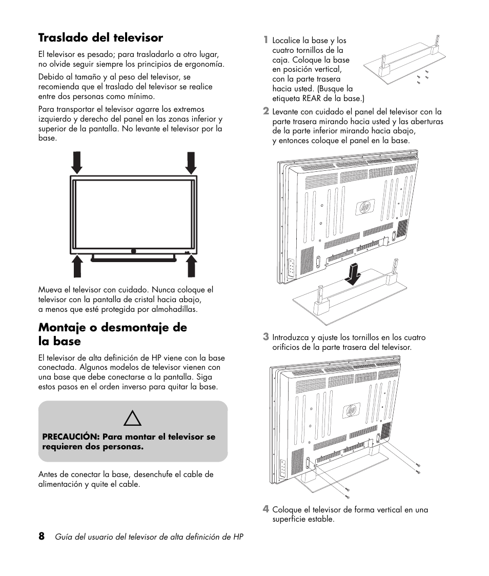 Traslado del televisor, Montaje o desmontaje de la base | HP PL4272N User Manual | Page 150 / 198