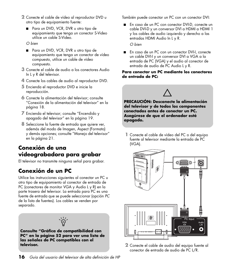 Conexión de una videograbadora para grabar, Conexión de un pc | HP PL4272N User Manual | Page 158 / 198