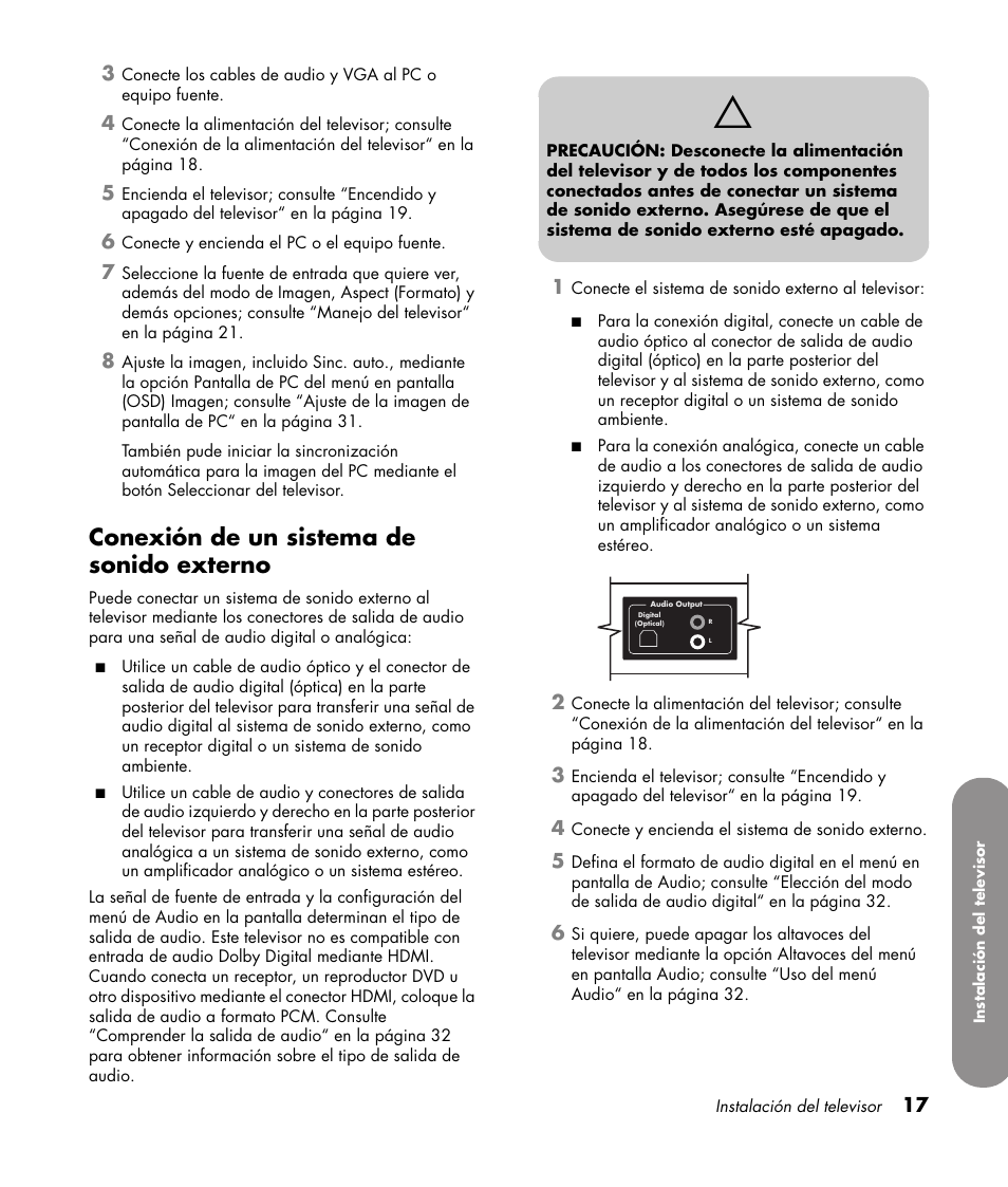 Conexión de un sistema de sonido externo | HP PL4272N User Manual | Page 159 / 198