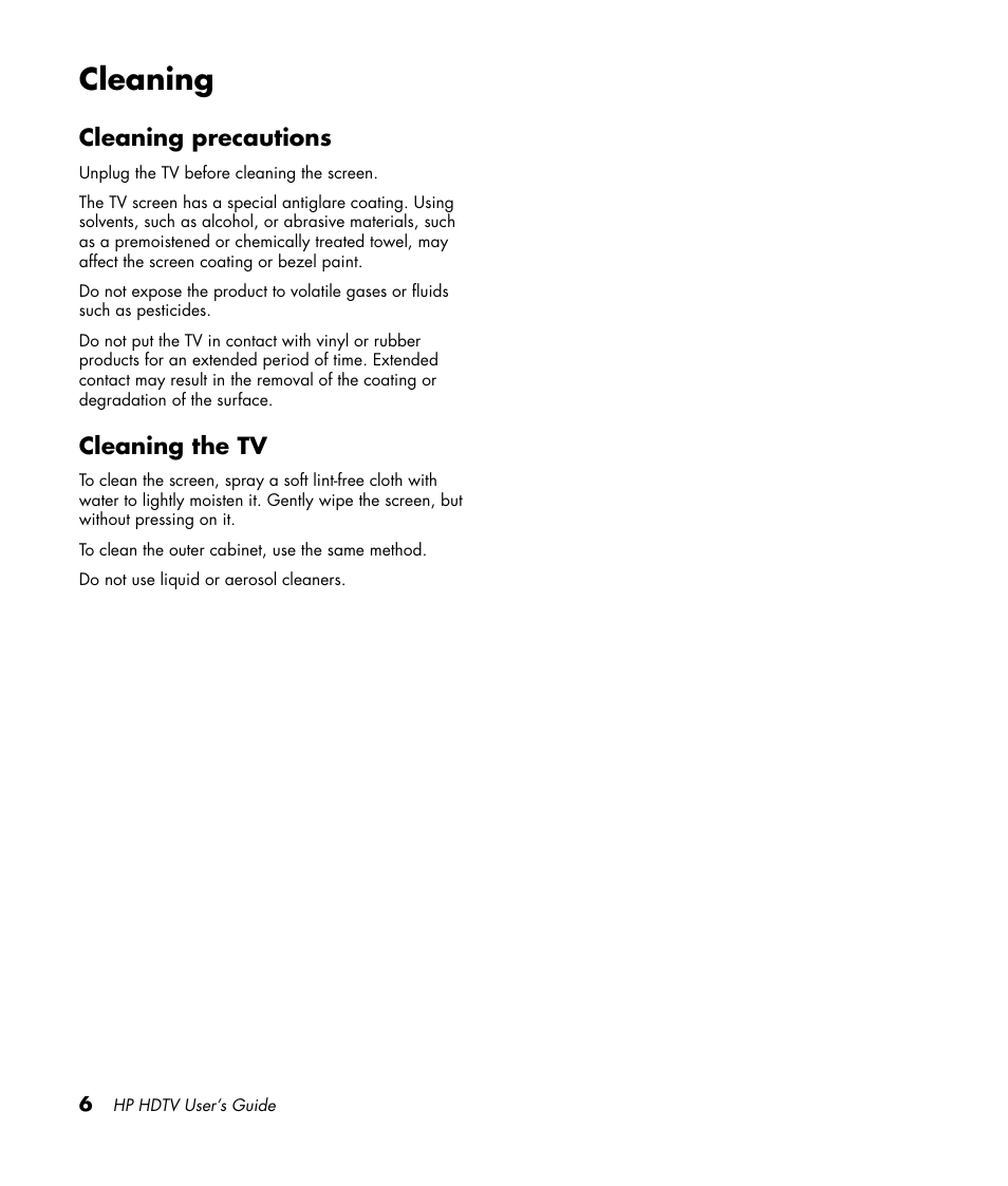 Cleaning, Cleaning precautions, Cleaning the tv | Cleaning precautions cleaning the tv | HP PL4272N User Manual | Page 16 / 198