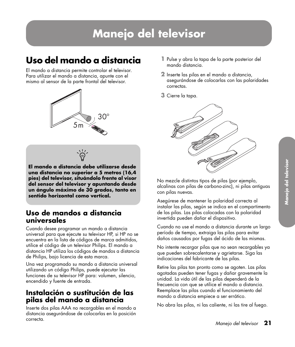 Manejo del televisor, Uso del mando a distancia, Uso de mandos a distancia universales | 5m 30º | HP PL4272N User Manual | Page 163 / 198