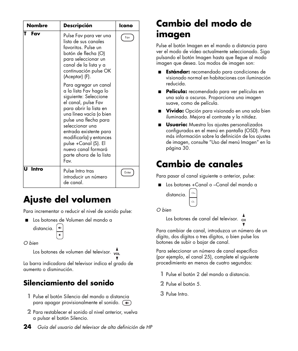 Ajuste del volumen, Silenciamiento del sonido, Cambio del modo de imagen | Cambio de canales, Cambio del modo de imagen cambio de canales | HP PL4272N User Manual | Page 166 / 198