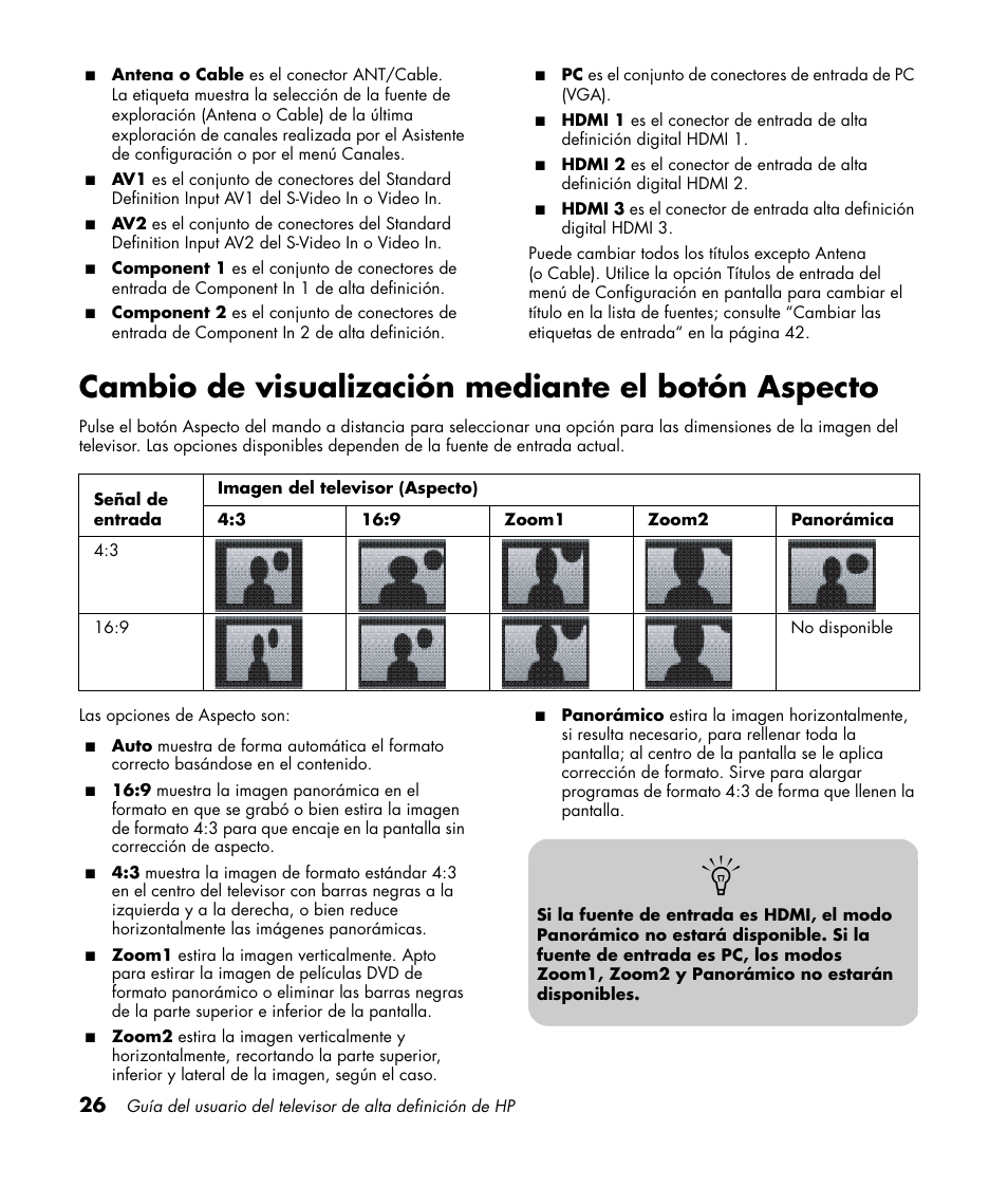 Cambio de visualización mediante el botón aspecto | HP PL4272N User Manual | Page 168 / 198