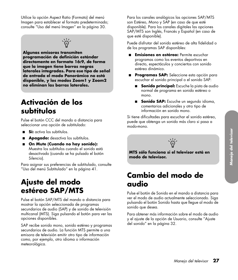 Activación de los subtítulos, Ajuste del modo estéreo sap/mts, Cambio del modo de audio | HP PL4272N User Manual | Page 169 / 198