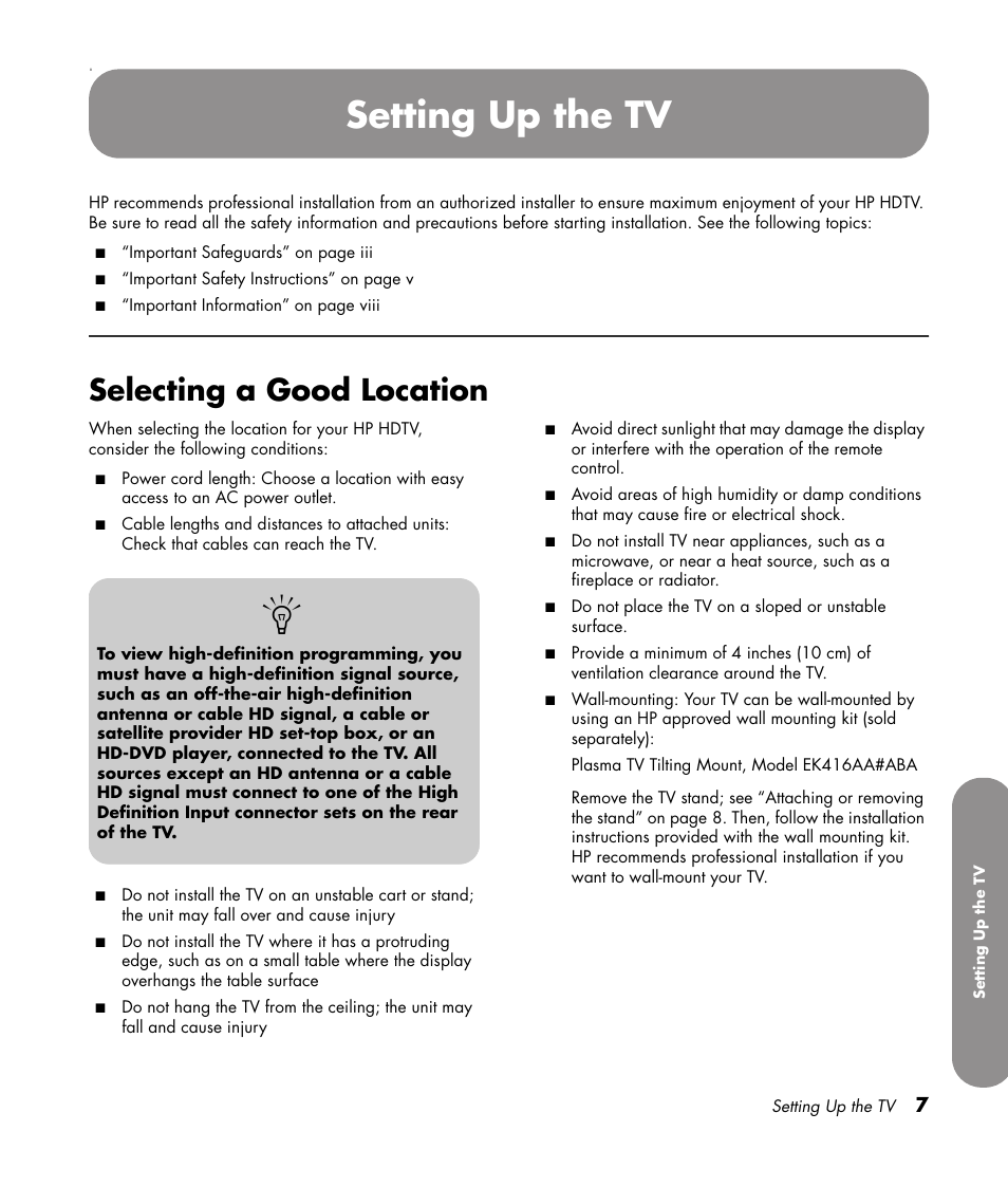 Setting up the tv, Selecting a good location | HP PL4272N User Manual | Page 17 / 198