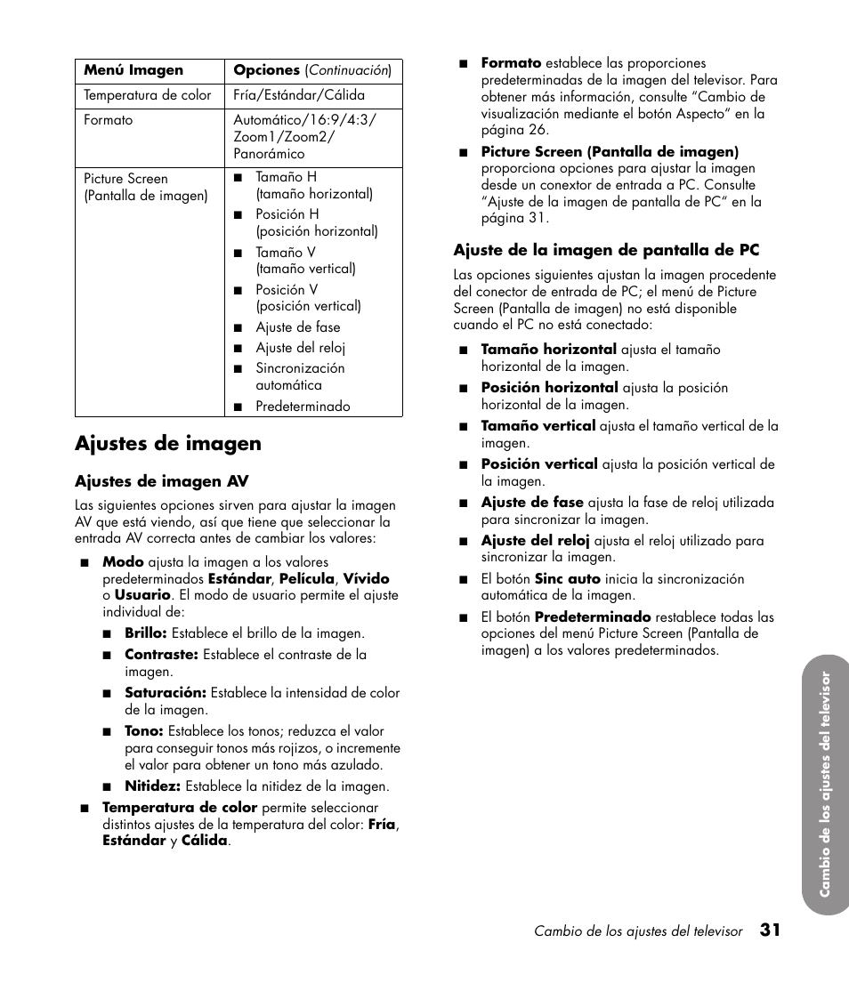 Ajustes de imagen | HP PL4272N User Manual | Page 173 / 198