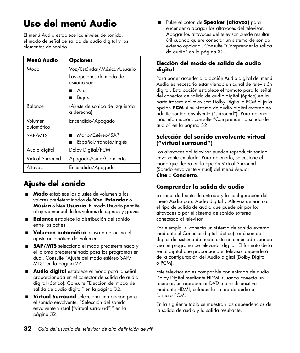 Uso del menú audio, Ajuste del sonido | HP PL4272N User Manual | Page 174 / 198