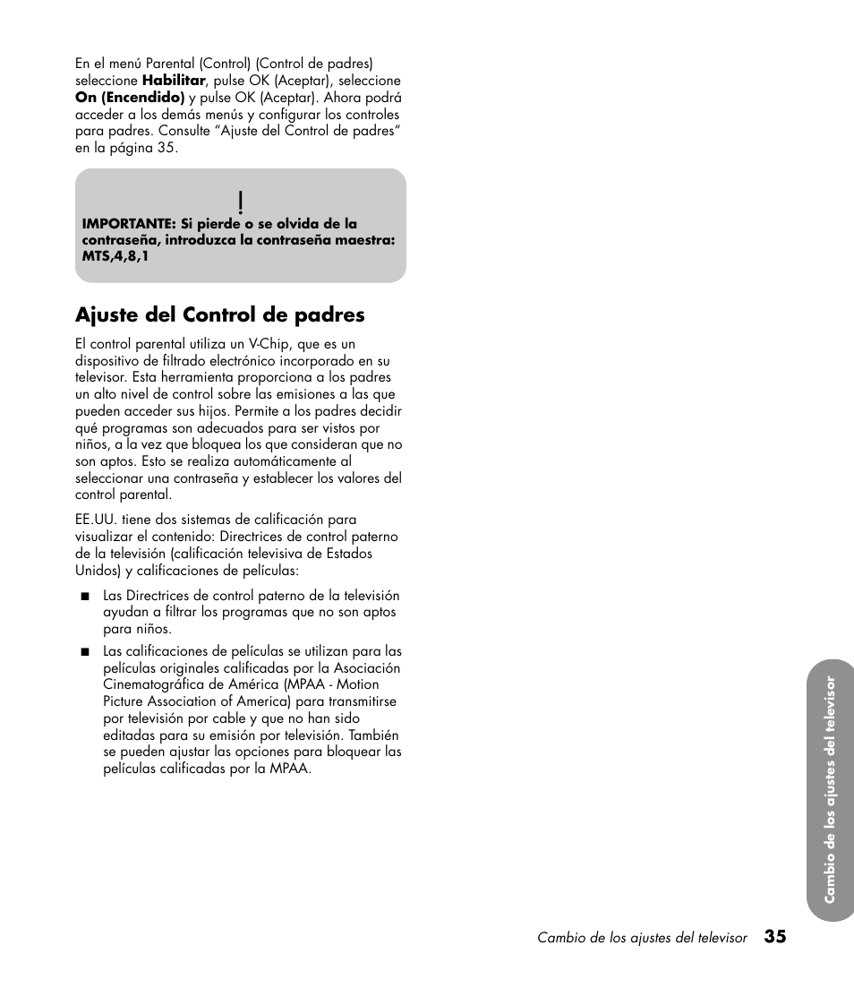 Ajuste del control de padres | HP PL4272N User Manual | Page 177 / 198