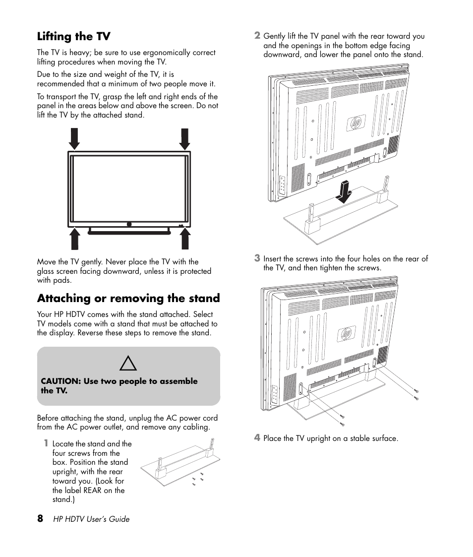 Lifting the tv, Attaching or removing the stand, Lifting the tv attaching or removing the stand | HP PL4272N User Manual | Page 18 / 198