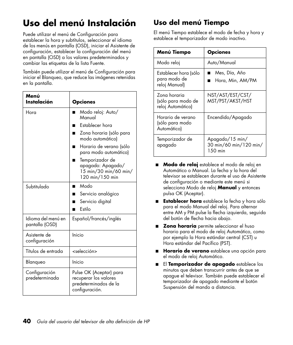 Uso del menú instalación, Uso del menú tiempo | HP PL4272N User Manual | Page 182 / 198