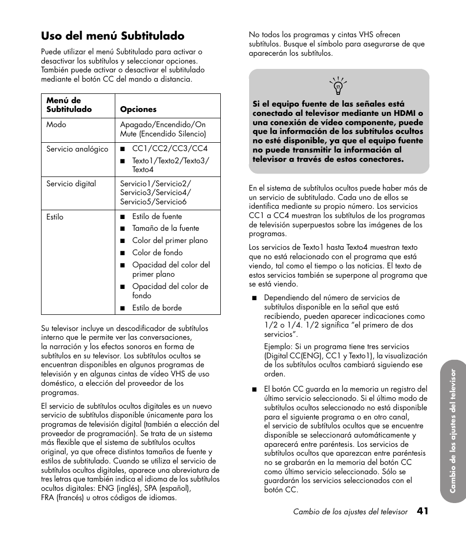 Uso del menú subtitulado | HP PL4272N User Manual | Page 183 / 198